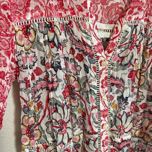 Lucky Brand Womens Blouse M Red Floral Button Up Rayon Semi Sheer - Picture 5 of 8